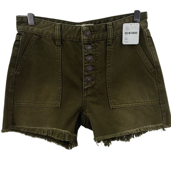 NWT Free People Jesse Army Green High Rise Button Fly Raw Hem Jean Shorts 24 - Picture 1 of 8